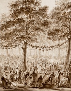 Fête dans le parc de Saint Cloud, gravure imprimée en bistre. XVIII ème.