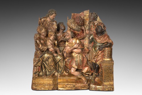 la visite des rois mages . Bois polychrome et doré .Élément de retable Italie vers 1530