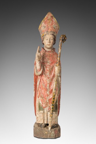 représentation de Saint Eloi en évêque bois de chêne polychrome circa 1500