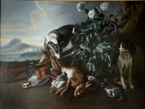 Chiens gardant le trophée de chasse